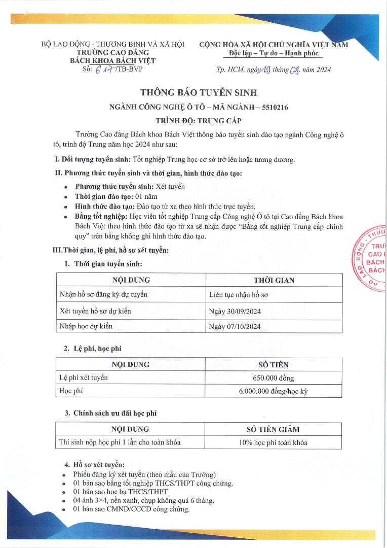 Thông báo tuyển sinh trung cấp ô tô